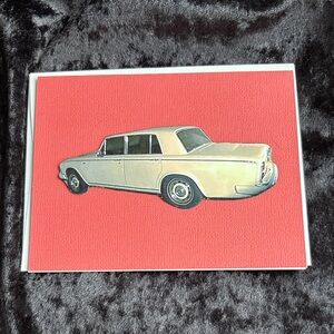 Classic Car Art Print Card - Cream Car on Coral Background